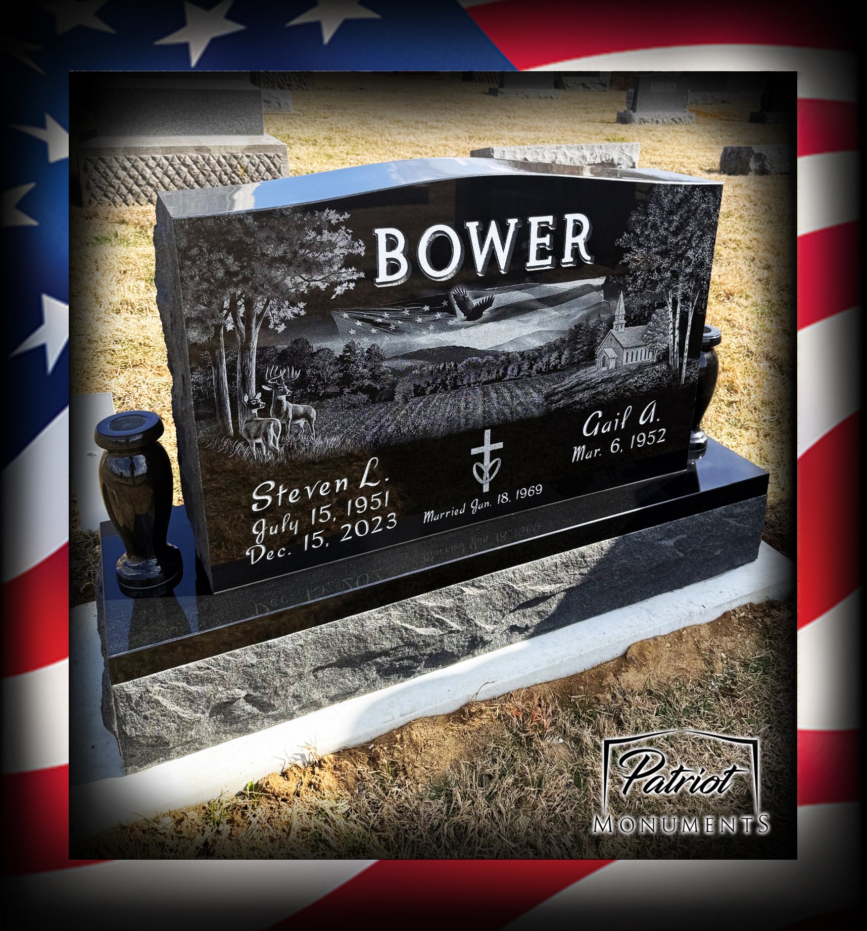 Bower custom granite monument with scenic engraving and American flag border