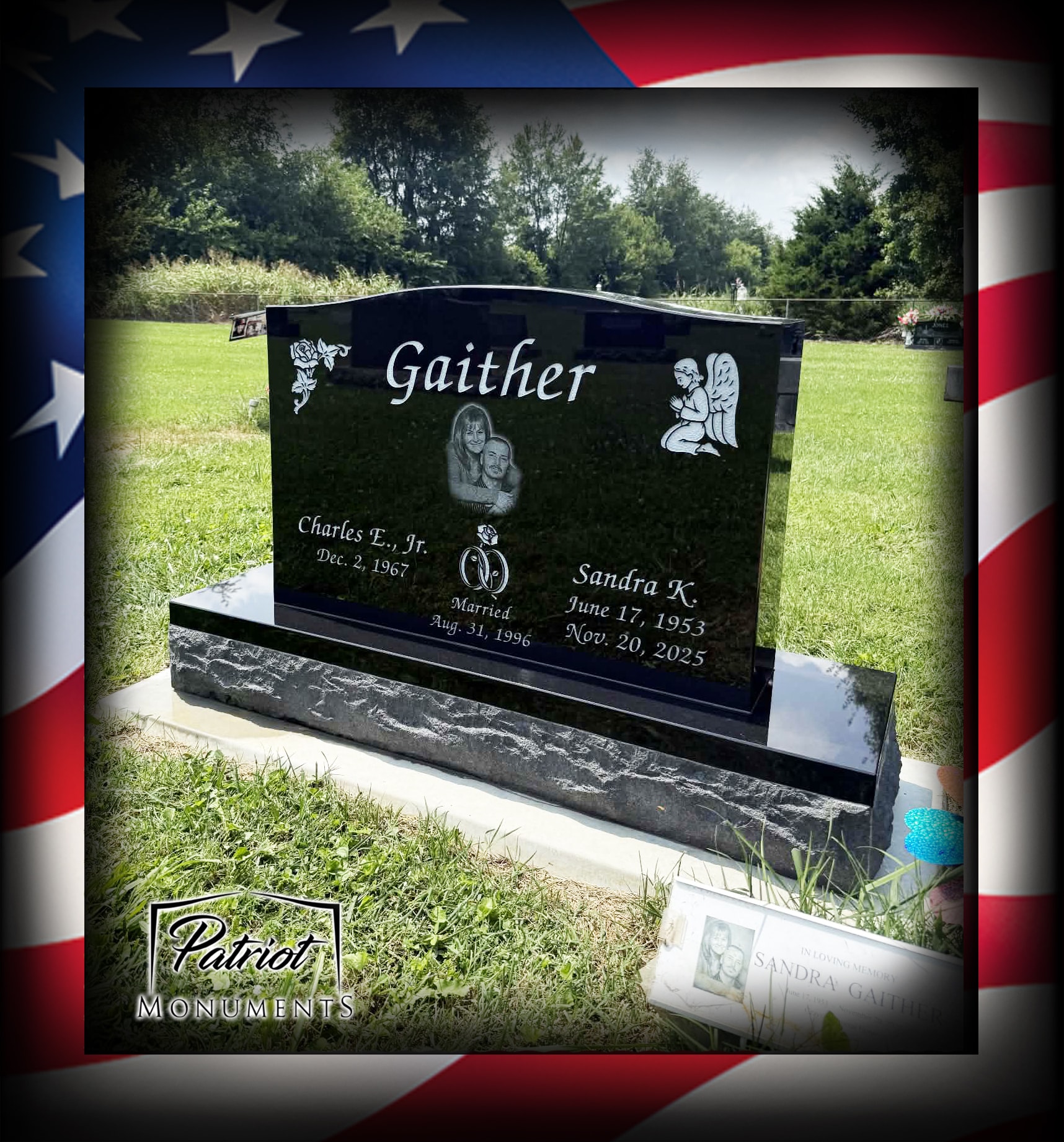 Gaither family black granite monument with portrait photo, rose and angel engravings