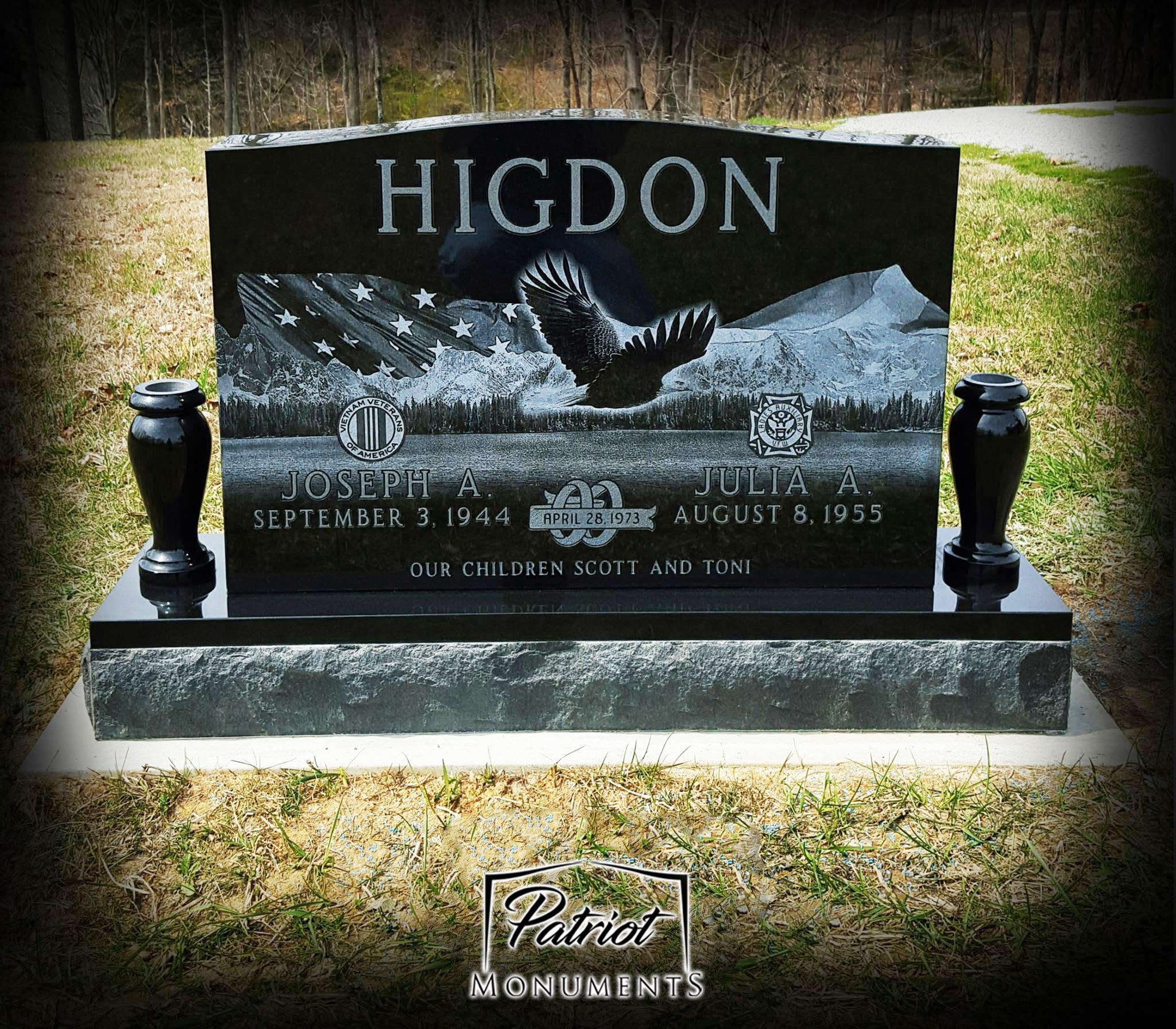 Higdon black granite companion monument with bald eagle, American flag and military insignia engravings