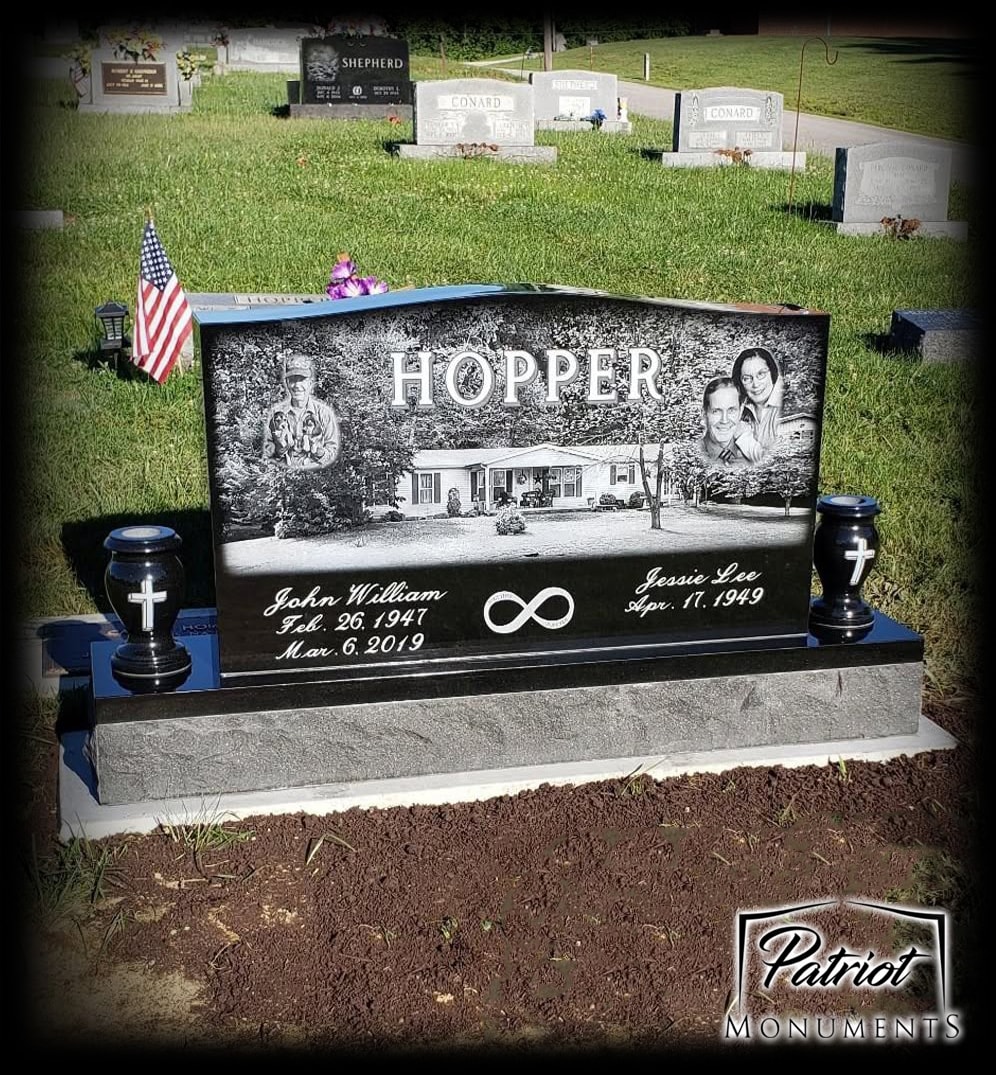 Hopper black granite companion monument with family portraits and home scene engraving