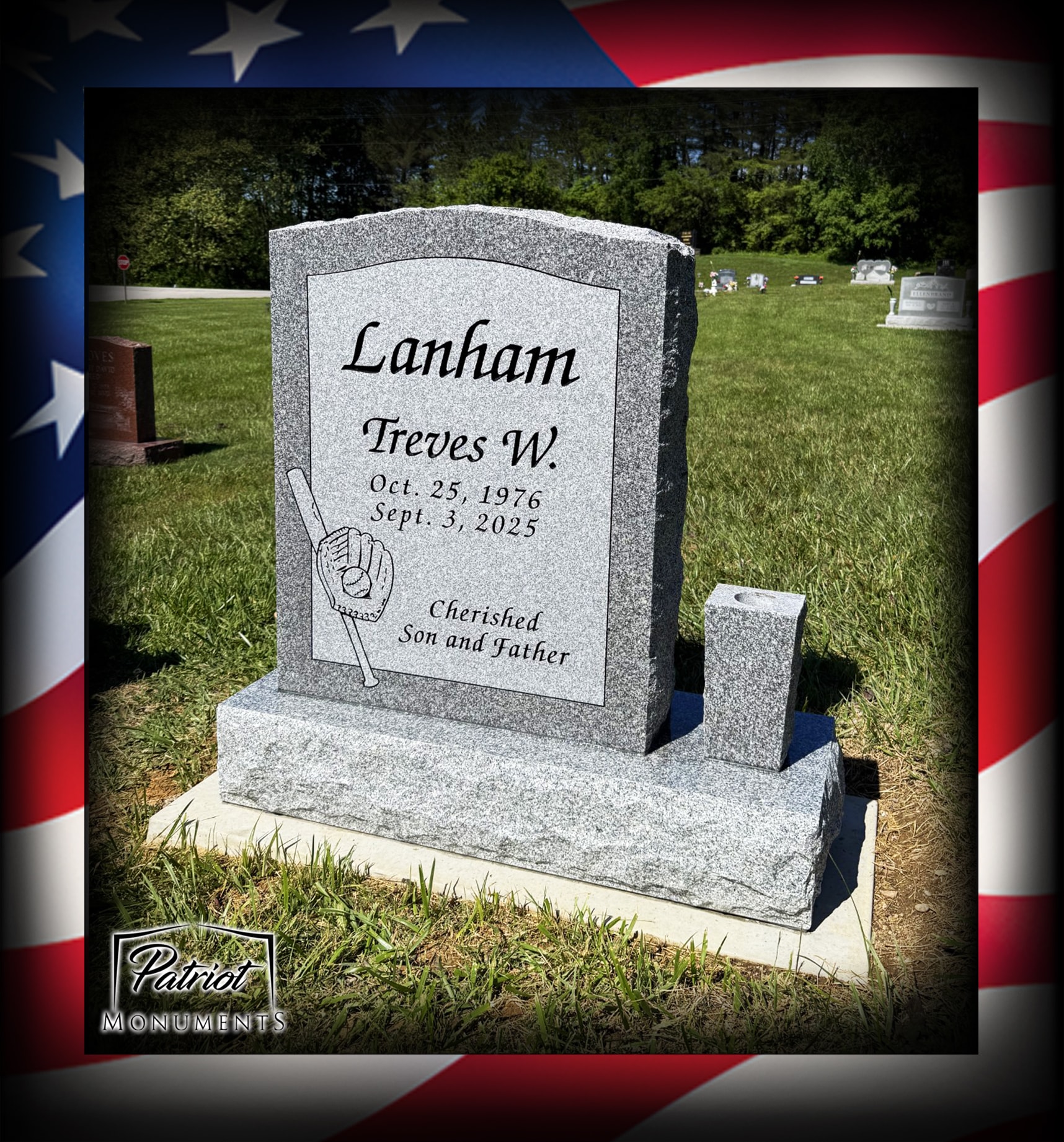 Lanham Treves W. gray granite monument with baseball glove and bat engraving
