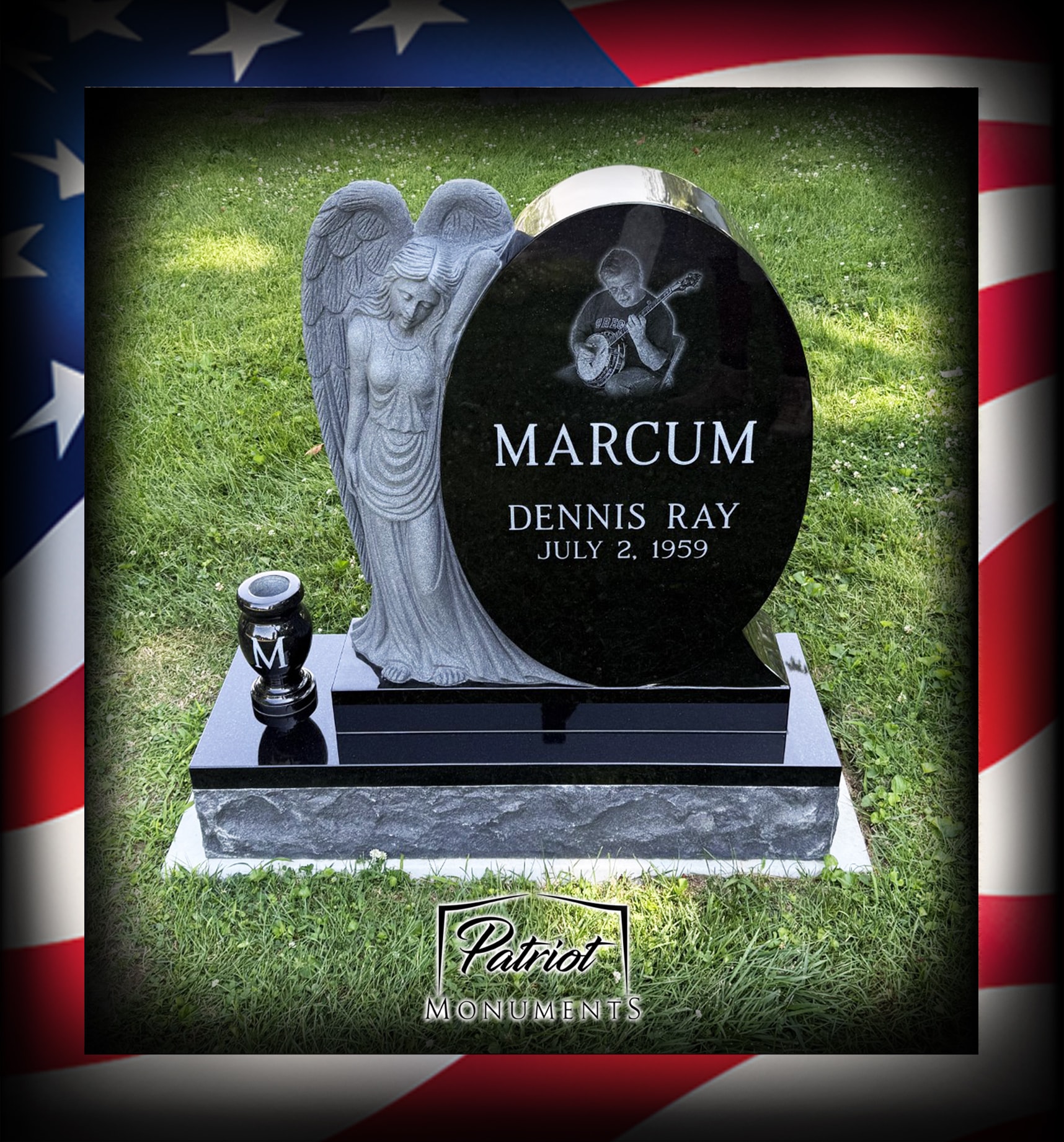 Marcum Dennis Ray black granite monument with angel statue and laser portrait