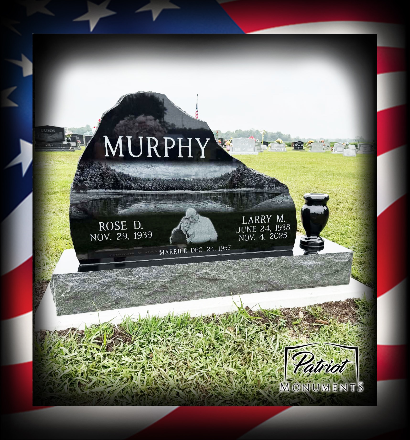 Murphy family black granite monument with laser-etched lake scene and couple portrait