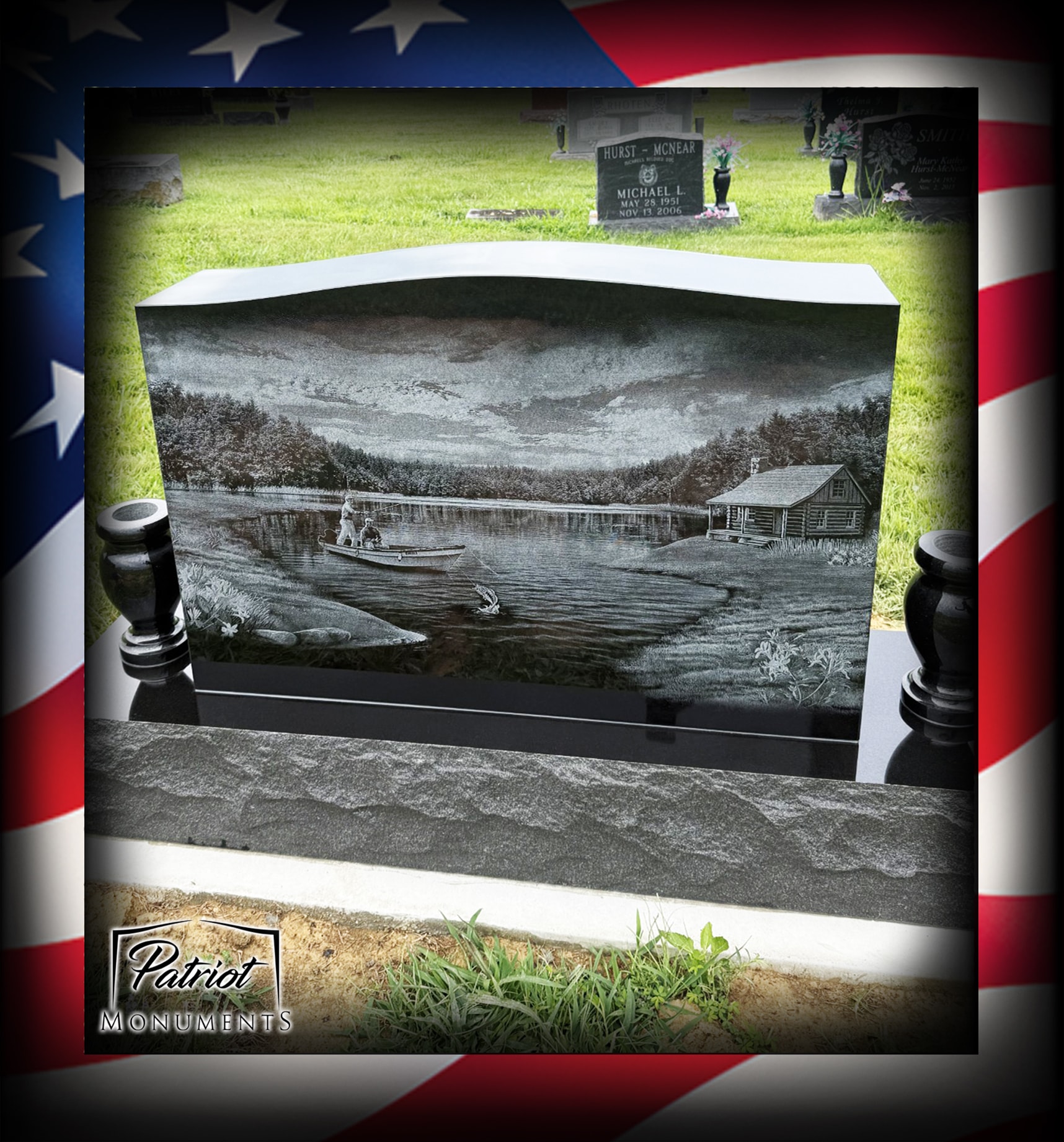 Black granite monument back panel with detailed laser-etched fishing scene, lake cabin and boat engraving