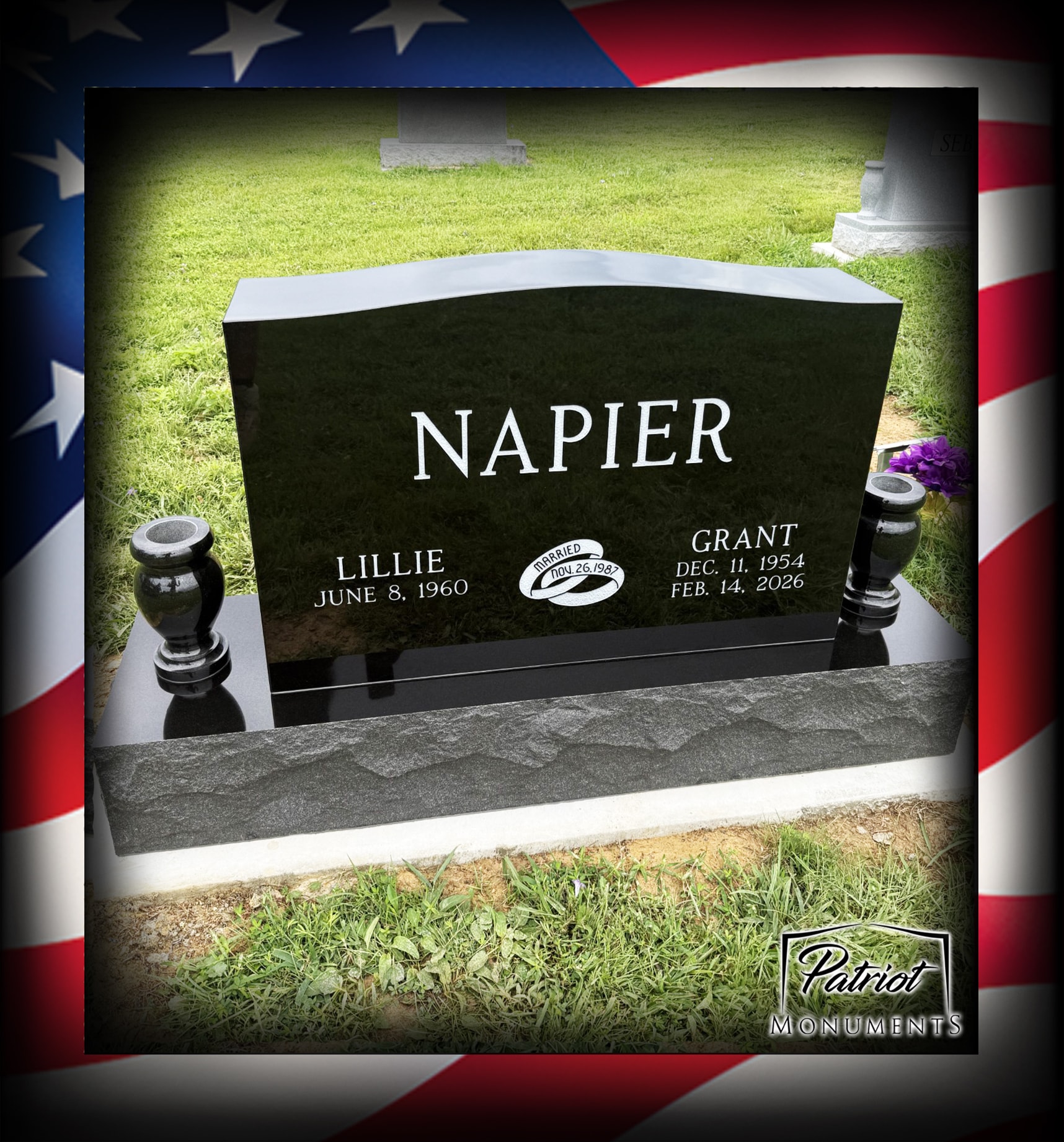 Napier Lillie and Grant black granite companion monument with wedding rings engraving