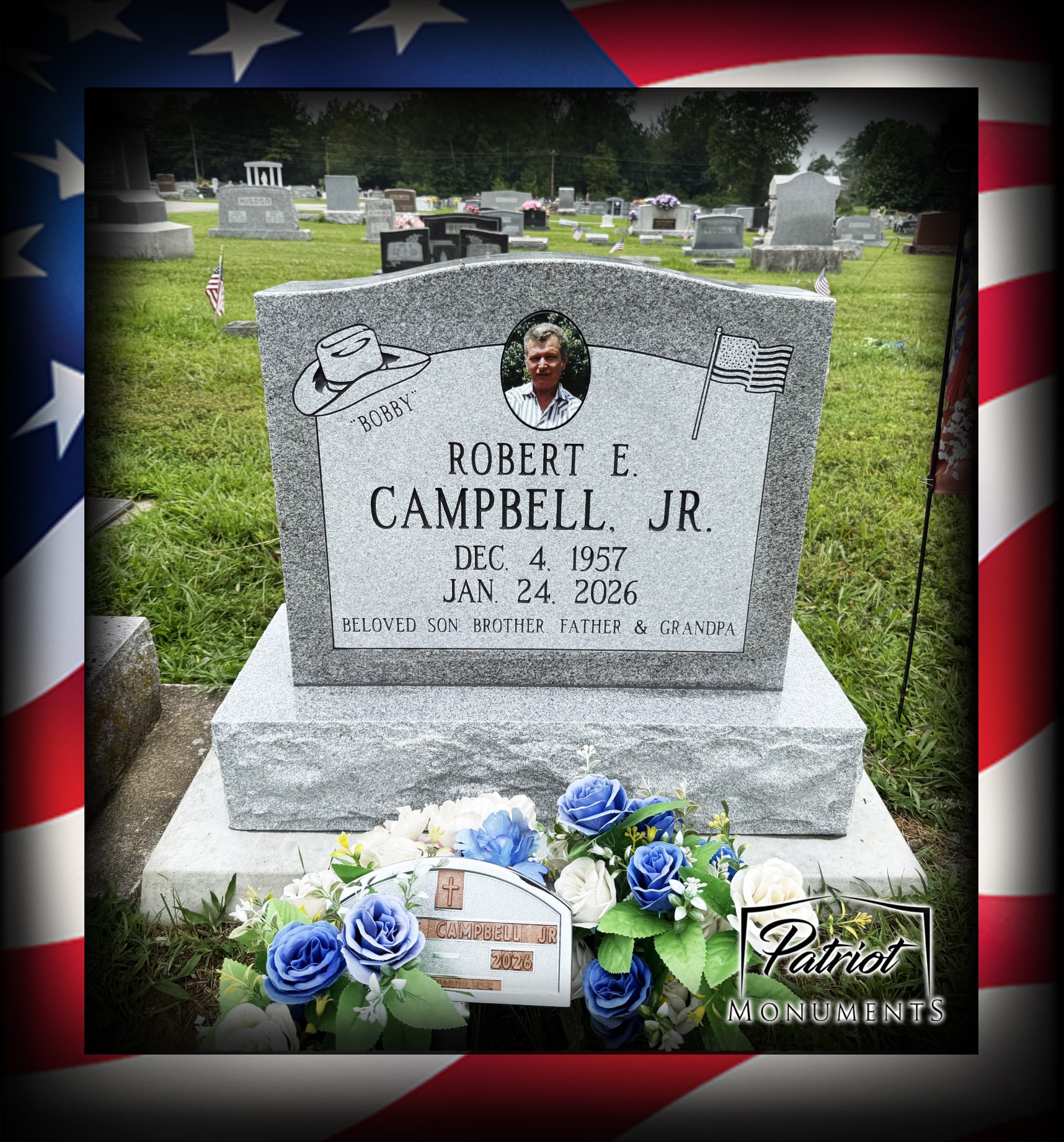 Robert E. Campbell Jr. gray granite monument with portrait, cowboy hat and flag engravings