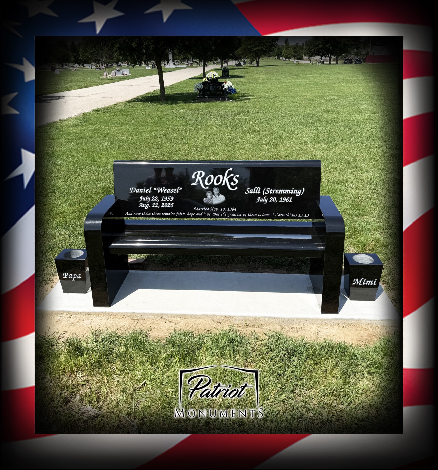 Rooks family black granite memorial bench with portrait and scripture engraving