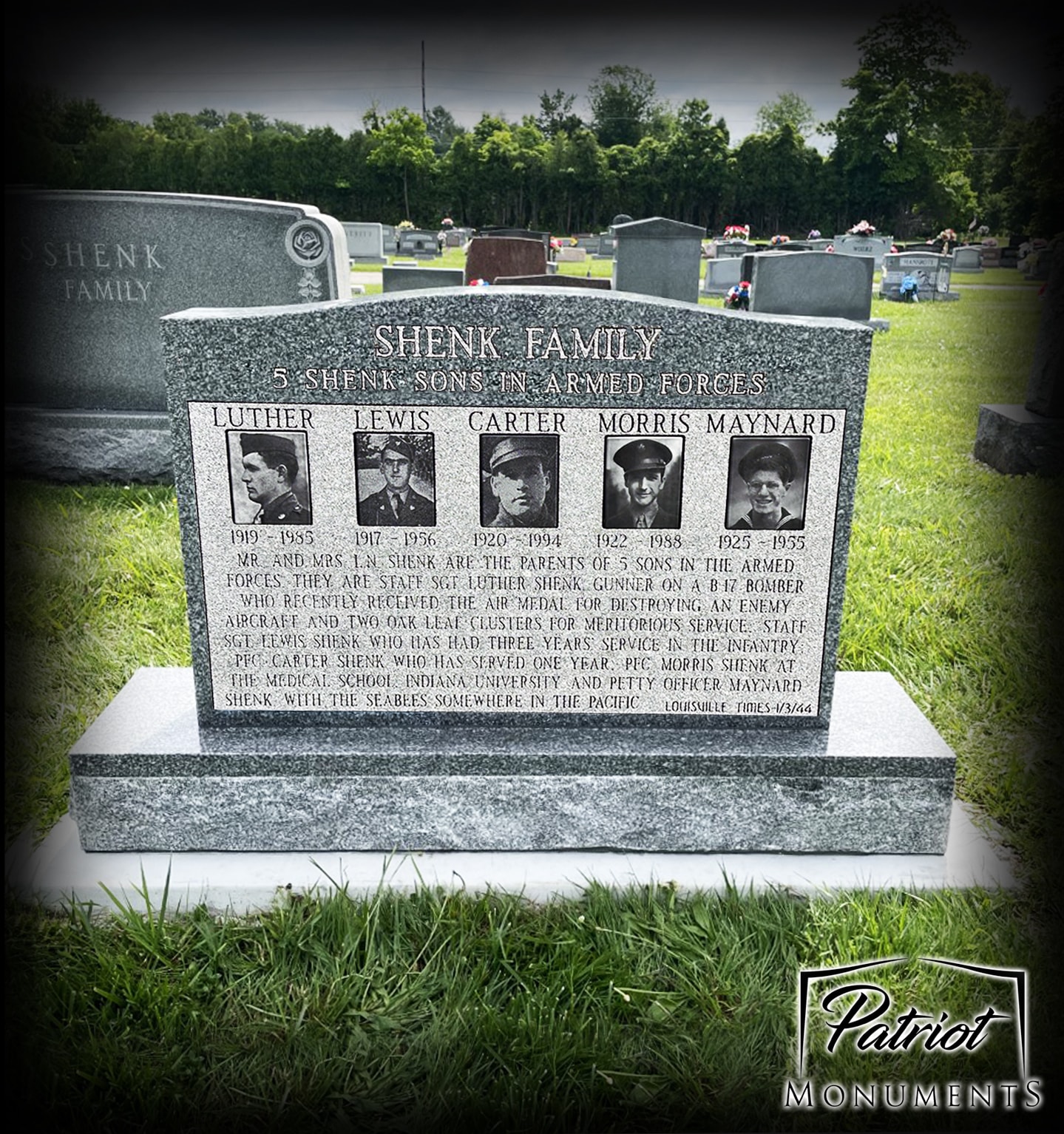 Shenk Family monument honoring five sons in the Armed Forces with portrait photos